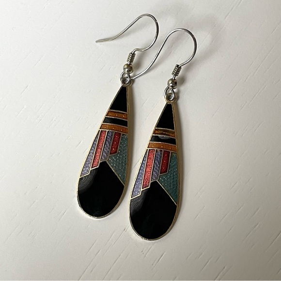 🎰Vintage Pierre Bex-style Art Deco enamel teardrop dangle earrings - Picture 2 of 10